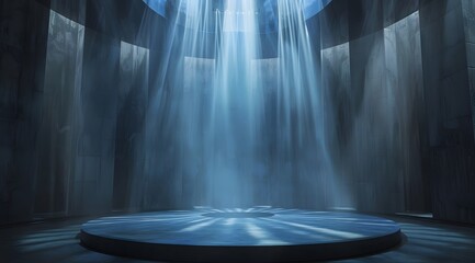 Wall Mural - Rays of light illuminate an empty, circular platform in a dimly lit, modern architectural space. The ethereal blue light creates a serene atmosphere.