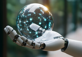 Wall Mural - robot's hand holding a digital sphere with a network and connections on a blurred background, a tech