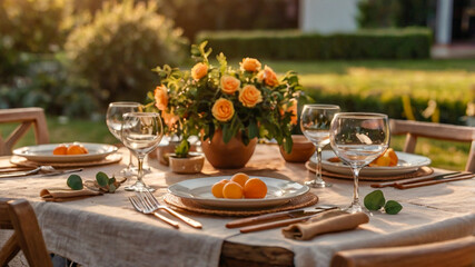 Wall Mural - Table setting for dinner in the garden at sunset. Selective focus. 
