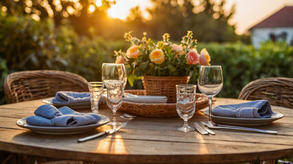 Wall Mural - Table setting for dinner in the garden at sunset. Selective focus. 
