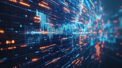 Abstract digital data stream with blue and orange glowing lines and code.