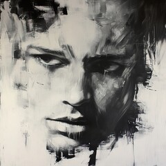 Wall Mural - Abstract Monochrome Portrait Painting: Intense Expression and Bold Brushstrokes