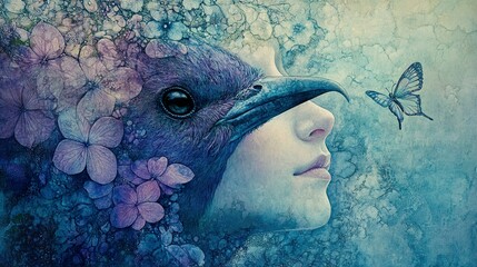 Wall Mural - A Crow's Embrace: Surreal Woman and Butterfly