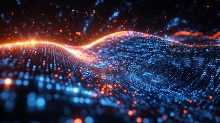 A black background with binary code waves represents the dynamic flow of data and technology in digital marketing