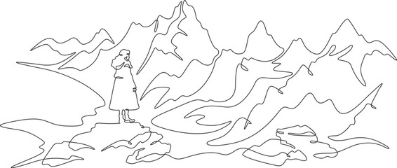 Wall Mural - Continuous one line drawing woman stands at the foot of a mountain. A woman waits in the mountains. Landscape. One continuous line isolated minimal illustration.Not AI.