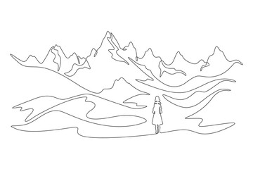 Wall Mural - Continuous one line drawing woman stands at the foot of a mountain. A woman waits in the mountains. Landscape. One continuous line isolated minimal illustration.Not AI.