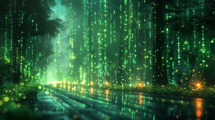 Wall Mural - matrix-inspired digital landscape with cascading green code and floating holographic symbols