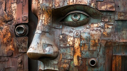 Canvas Print - Rusty Metal Face Sculpture: A Weathered Portrait