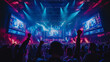 © Максим Гальянский - E-sports arena, filled with cheering fans and colorful LED lights. Players compete on a large stage in front of a massive screen. Big arena with many people, big stage, concert hall.