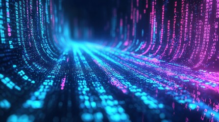 Wall Mural - a glowing digital interface with streams of binary code and abstract data points, symbolizing data f