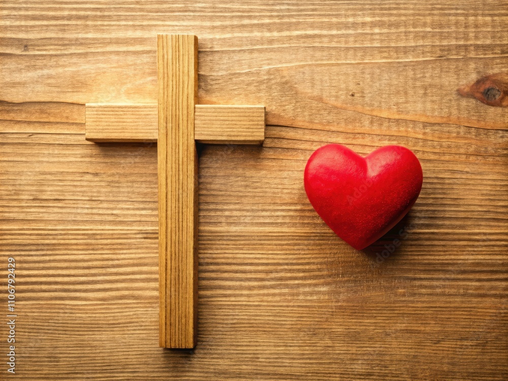 Wooden Christian Cross and Red Paper Heart Symbolizing Love of God on ...