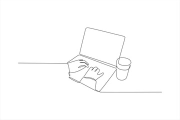 single line drawing of hands typing on laptop with a cup.