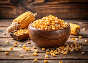 Poster - Captivating Product Photography of Golden Corn Grain in a Rustic Wooden Bowl Isolated on White Background for Culinary and Agricultural Themes