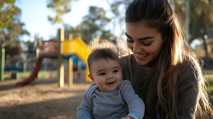 A teenage mom sitting with her baby at a park, smiling as she watches her child play.