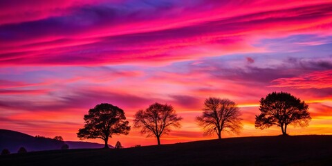 Wall Mural - Captivating Silhouette Photography of a Vibrant Pink Sunset Over a Horizon with Silhouetted Trees and Hillside, Perfect for Nature Lovers and Photography Enthusiasts