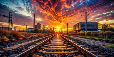 Wall Mural - Captivating Sunset Over Industrial Railway Tracks - A Striking Double Exposure Urban Landscape Blending Nature and Industry in a Dramatic Scene