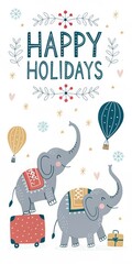 Sticker - cute cartoon elephant with happy holidays