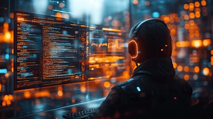 A digital background with code and computer screens, representing software development and coding in a futuristic style