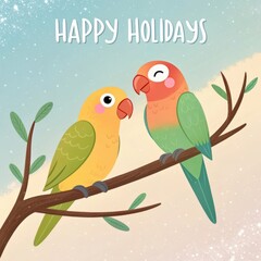 Sticker - cute cartoon parrot with happy holidays background