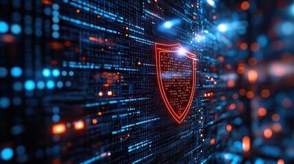 A digital shield made of binary code appears on a futuristic blue digital screen