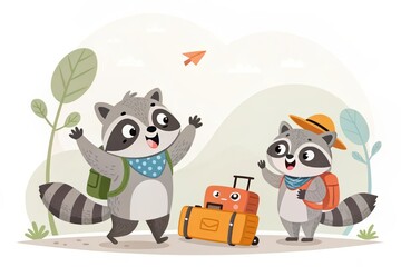 Sticker - cute cartoon raccoon with happy holidays background