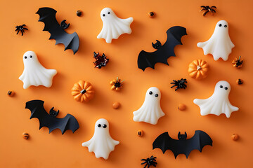 Wall Mural - Halloween holiday frame with party decorations of pumpkins, bats, ghosts on orange background top view. Happy halloween greeting card in flat lay style.
