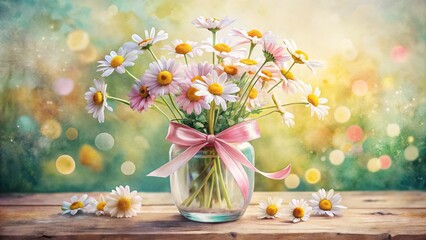 Wall Mural - Charming Hand-Drawn Watercolor Bouquet of Small Daisies in Glass Vase with Pink Ribbon Bow, Perfect for Floral Decor and Stationery Designs