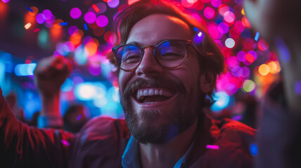 Wall Mural - A man with glasses is smiling and laughing at a party. The party is full of people and there are lights and decorations. The man is enjoying himself and the atmosphere of the party