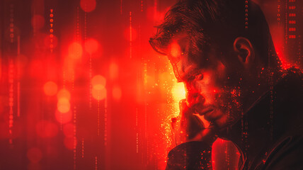 Wall Mural - A man is talking on a cell phone in a red background. The man is in a state of deep thought or contemplation