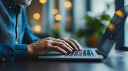 Wall Mural - a man is typing on a laptop computer. concept of productivity and focus, as the man is engaged in a 