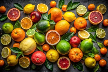 Wall Mural - Citrus Fruits Collage: A Vibrant Display of Nature's Bounty in Low Light Photography, Highlighting the Colors and Textures of Oranges, Lemons, Limes, and Grapefruits for a Stunning Visual Experience