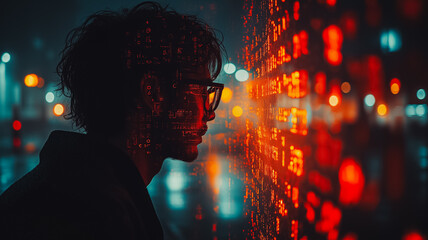 Wall Mural - a man is looking at a computer screen with a lot of numbers on it. the image has a futuristic and te