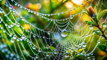 Wall Mural - Close-Up of a Beautiful Spider Web Adorned with Water Droplets Captured After Rain, Showcasing Nature's Intricate Details and the Serenity of a Post-Rain Environment