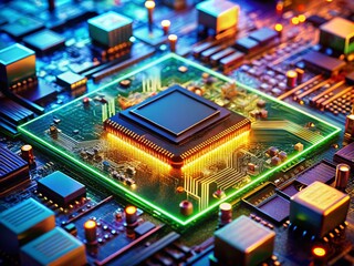 Wall Mural - Close-Up of High-Tech Integrated Circuit Board with Processor on Printed PCB, Showcasing Computer Hardware and Digital Computing in a Futuristic Sci-Fi Background