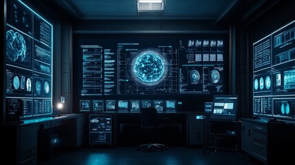 A Futuristic Control Room with Multiple Screens Displaying Data and Information