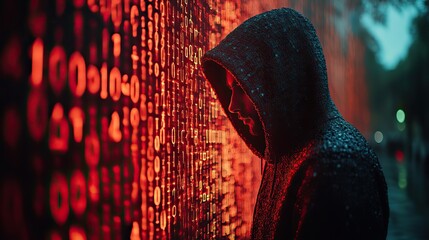 A hooded hacker silhouette is set against computer code with binary numbers