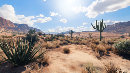 desert landscape with rocky mountains, clear skies, and diverse cacti under bright sun