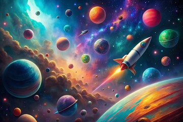 Wall Mural - colorful space-themed illustration featuring planets, rockets, and stars in a vibrant cosmic landsca