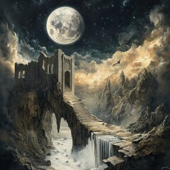 Canvas Print - Mystical Castle by the Waterfall under the Moonlight