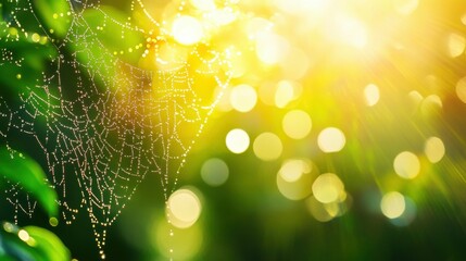 Close-up of spider web sparkling with morning dew, golden sunlight catching each drop, with a deep forest background and bokeh effect highlighting the details.
