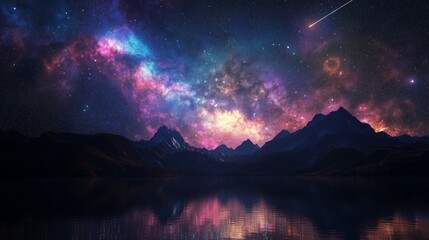 Wall Mural - a serene starfield with mountains, a lake, and a shooting star invites cosmic reflection.