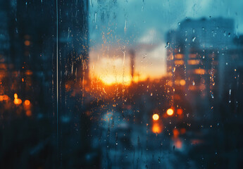 Wall Mural - Abstract background with raindrops on window glass, blurred cityscape in the distance.