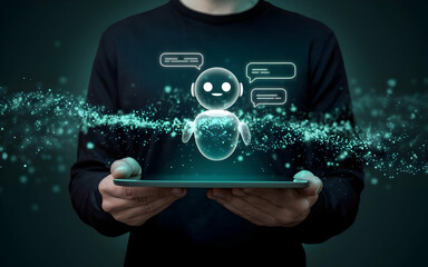 ai chatbot on tablet: futuristic concept showing a man holding a tablet displaying a holographic ai 