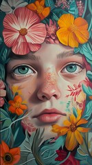 Wall Mural - Floral Portrait of a Young Woman: A Botanical Masterpiece