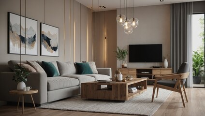 Wall Mural - Modern living room with contemporary furniture and wooden accents.