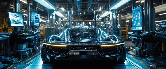 Poster - A futuristic car in a high-tech manufacturing facility.