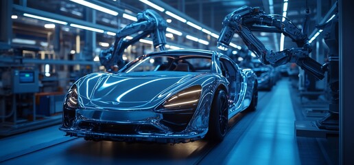 Poster - A futuristic car assembly line with robotic arms at work.