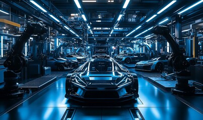 Poster - A futuristic automotive factory with advanced robotic assembly lines.