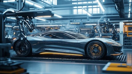 Poster - A futuristic car in an advanced manufacturing facility.