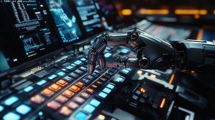 Poster - A robotic hand interacting with a high-tech control panel.